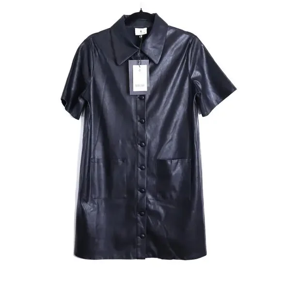 TUCKERNUCK NWT Leather Violetta Shirt Dress Black Short Sleeves Women's M - Picture 1 of 13
